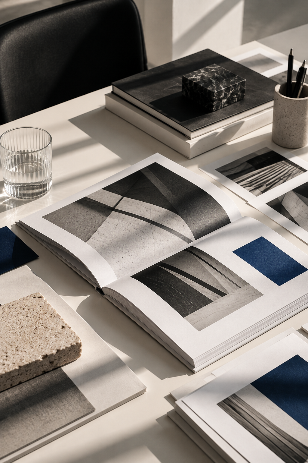 An awarded brand book open on the studio table