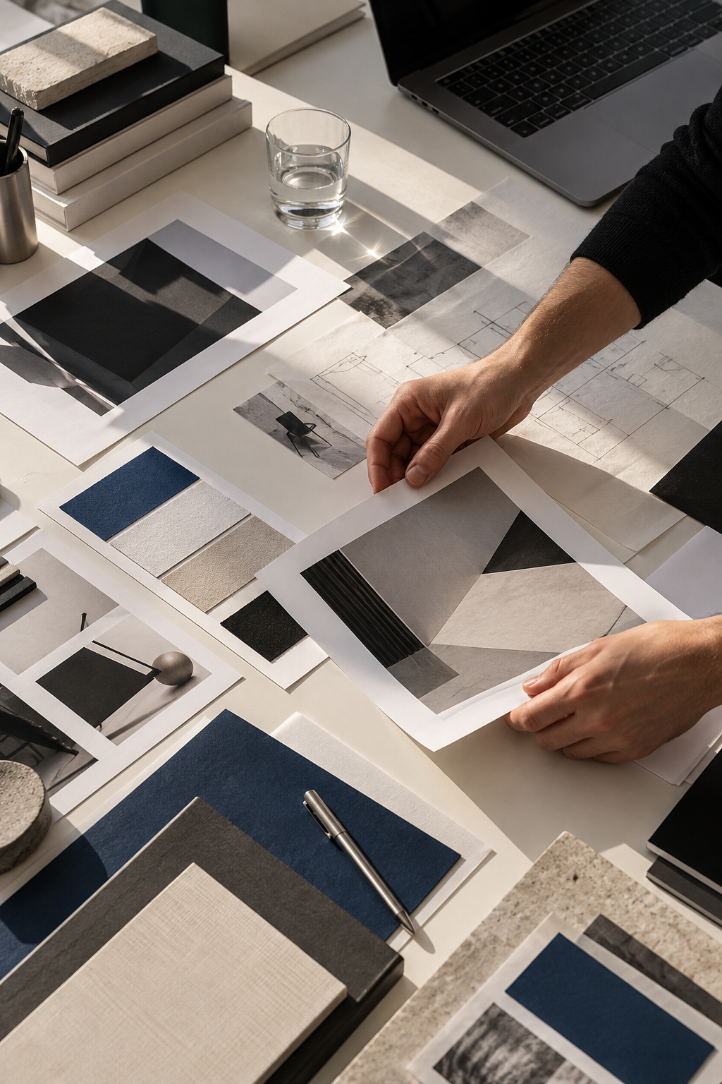 A moodboard of material swatches and printed proofs under raking light