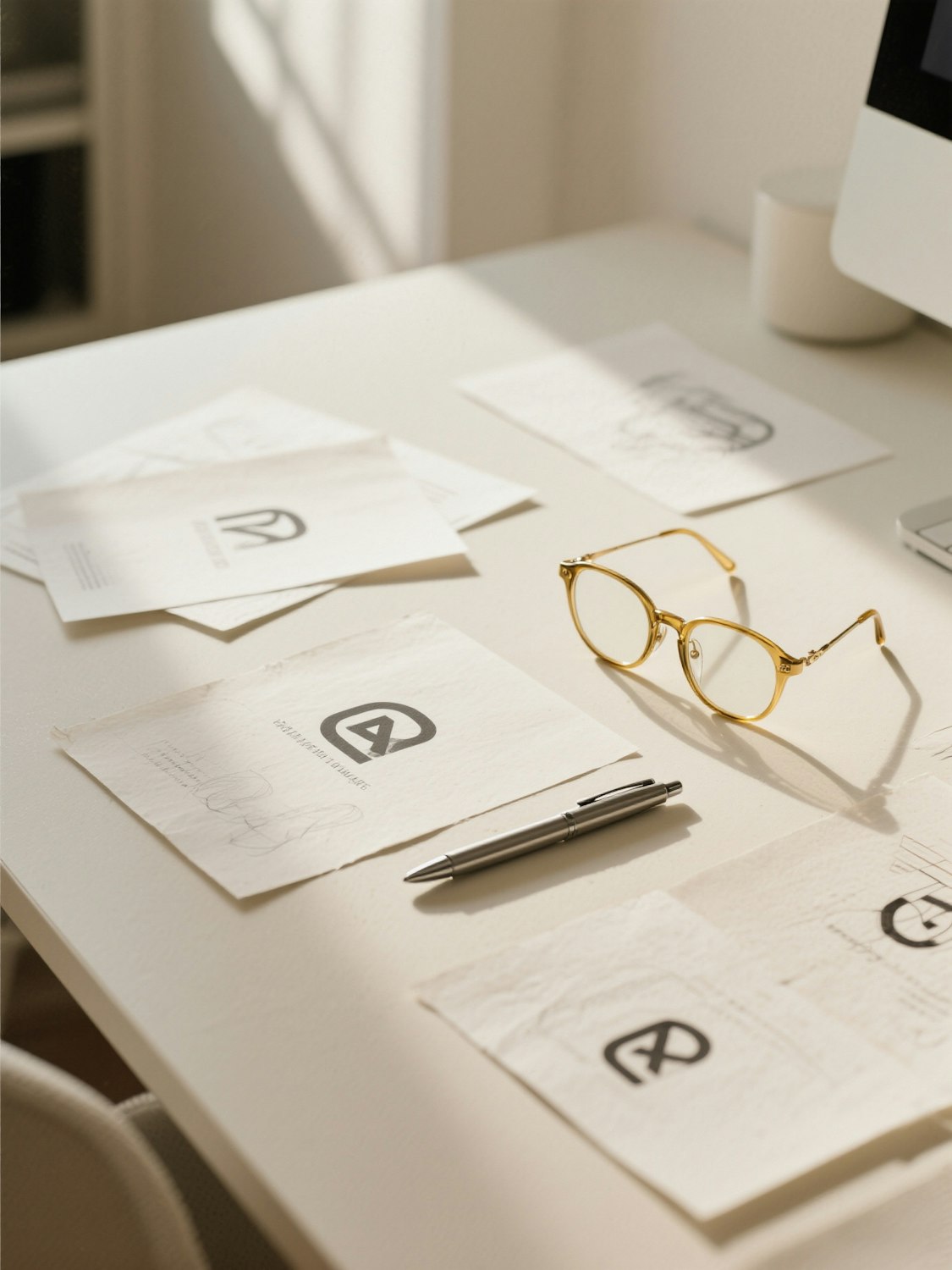 Identity sketches and type proofs laid out on a studio desk